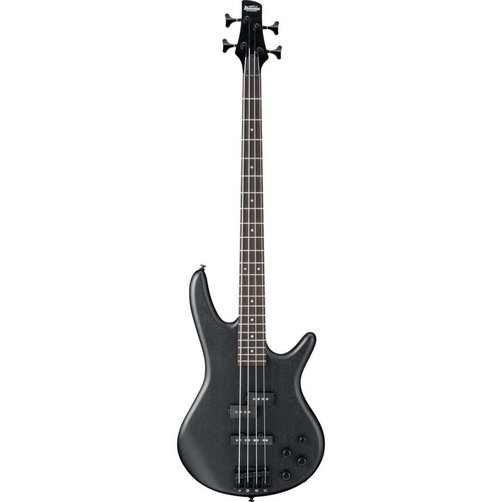 Schwarzer E-Bass mit vier Saiten