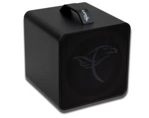 Schwarzer Lautsprecher mit Tragegriff und Logo.