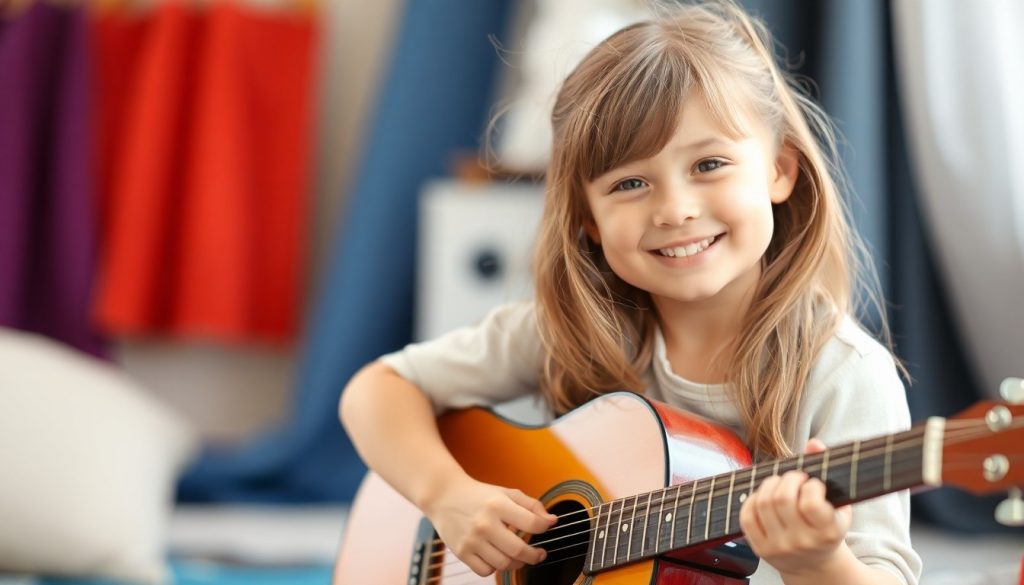 Kind spielt Gitarre und lächelt fröhlich
