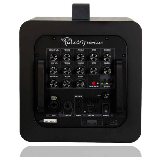 Schwarzer Lautsprecher mit Reglern und Anschlüssen