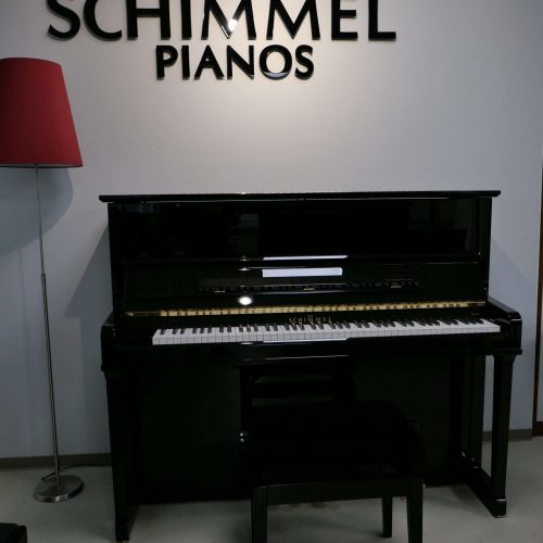 Schwarzes Klavier mit Hocker vor einer Wand.