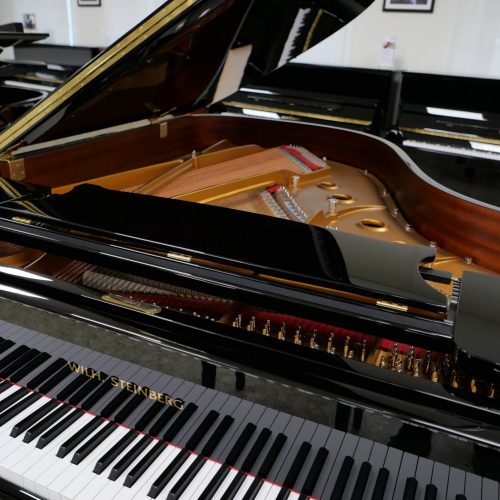 Offenes Klavier mit sichtbaren Tasten und Saiten